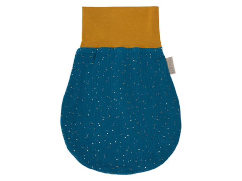 Strampelsack Herbst Winter Musselin goldene Punkte auf Petrol