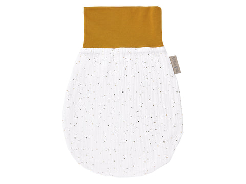 Strampelsack Herbst Winter Musselin goldene Punkte auf Weiß