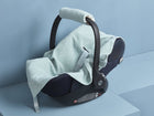 Babydecke für Babyschale Sommer aus weiß bedrucktem Musselin – mintfarbenes Pusteblumen-Motiv, Anwendung