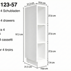 Hohes, schmales weißes KraftKids Stauraumregal für Wickeltisch, passend für 3 oder 4 IKEA MALM Kommode Schubladen. Modell WIC123-57 mit Zentimetermaßen und Übersetzungen in Deutsch, Englisch, Spanisch, Italienisch und Französisch angezeigt.