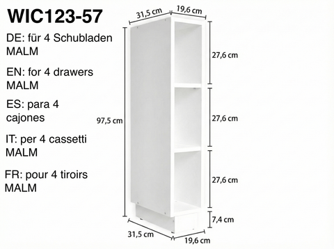 Hohes, schmales weißes KraftKids Stauraumregal für Wickeltisch, passend für 3 oder 4 IKEA MALM Kommode Schubladen. Modell WIC123-57 mit Zentimetermaßen und Übersetzungen in Deutsch, Englisch, Spanisch, Italienisch und Französisch angezeigt.