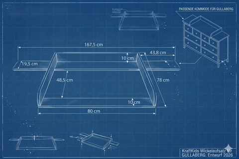Wickelaufsatz grau passend für GULLABERG Kommode 168 cm mit seitlichen Abdeckblenden