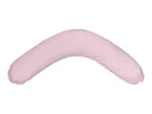 Das KraftKids qualitäts Stillkissen Streifen rosa ist ein V-förmiges ergonomisches Stillkissen mit einem Bezug aus dünnen rosa und weißen Querstreifen, die auf einem einfarbig weißen Hintergrund abgebildet sind.